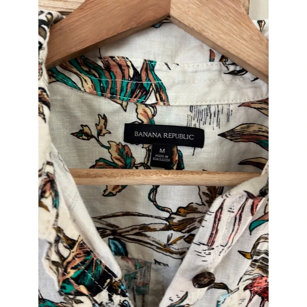 Banana Republic Linen Tropical Flamingo Print Belted Romper Size M Vacations